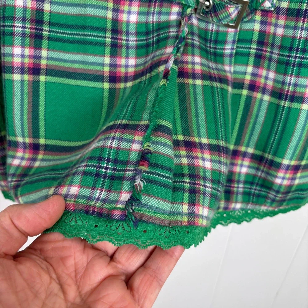 Y2K Justice Green Plaid Pleated‎ Mini Skorts Kilt Style Buckle Girls Size 12